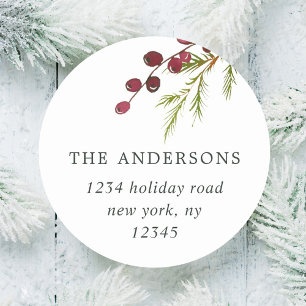 Greenery Red Berries Holiday Return Address Classic Round Sticker
