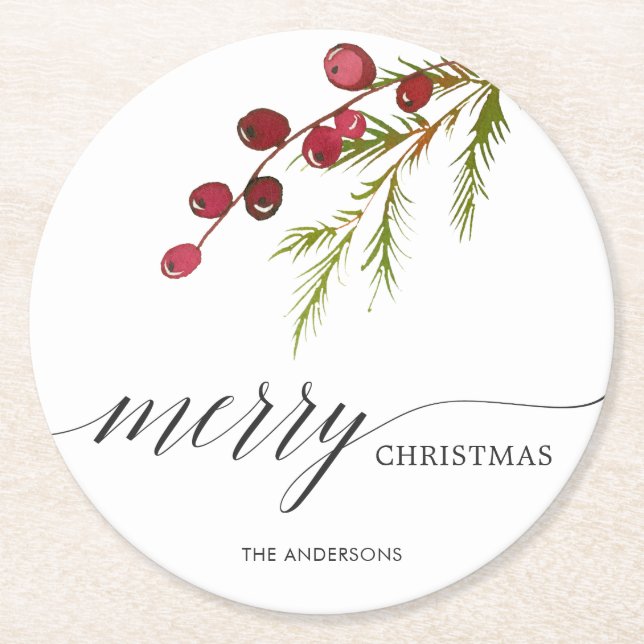 Greenery Red Berries Holiday Round Paper Coaster (Front)