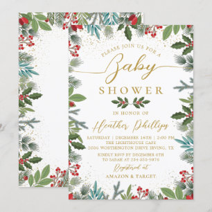 Greenery Red Holly Berries Christmas Baby Shower Invitation