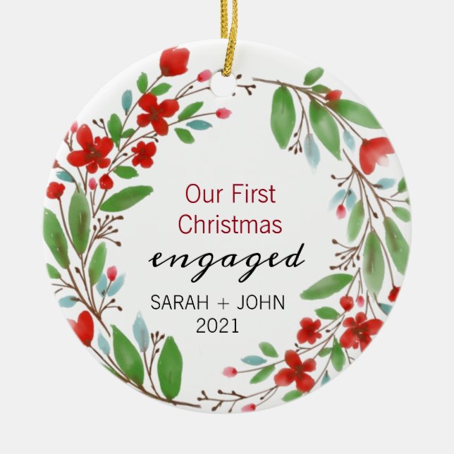 Greenery Red Wreath First Christmas Engaged Custom Ceramic Tree Decoration (Front)