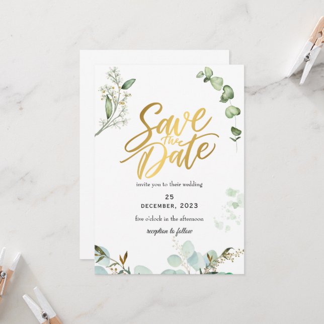 Greenery Romantic Save The Date Invitation (Front/Back In Situ)
