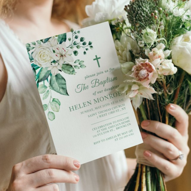 Greenery Rose Flowers Baptism Invitation (Creator Uploaded)