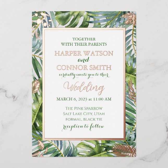Greenery rose gold foil leaves  simple wedding (Front)