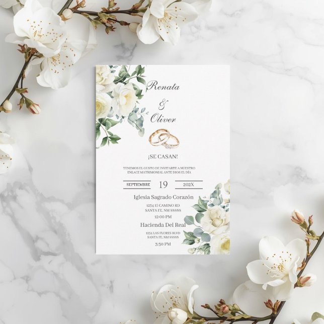 Greenery rose wedding ring Spanish Wedding Invitation (Creator Uploaded)
