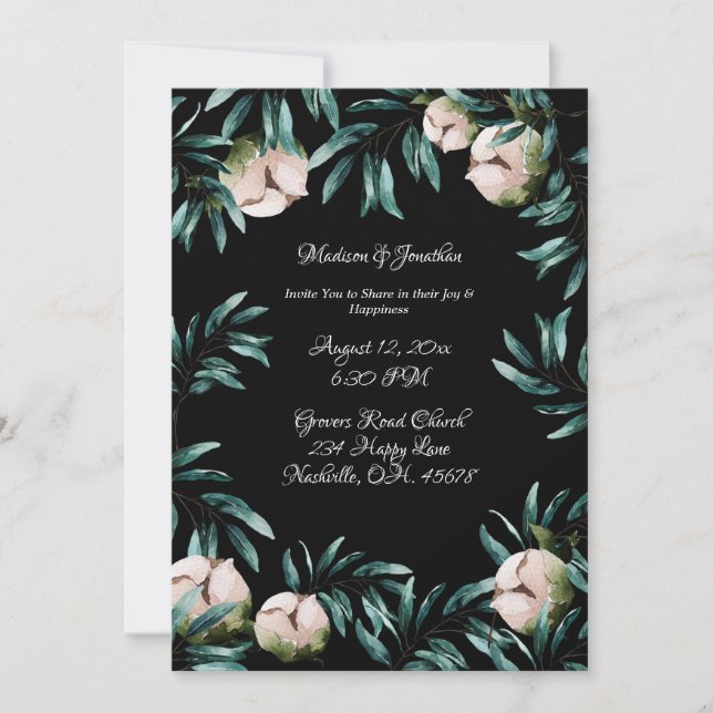 Greenery Roses Black Background Elegant Wedding Invitation (Front)
