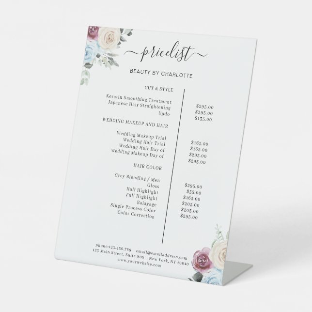 Greenery Roses Salon Price List Pedestal Sign (Front)