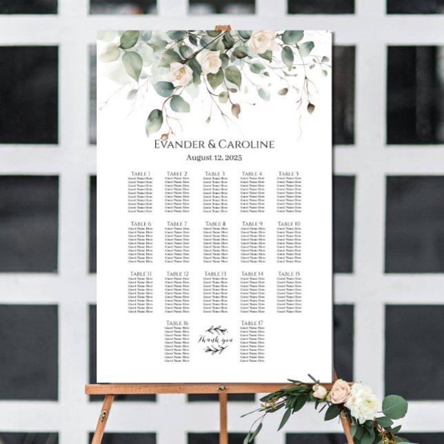 Greenery & roses wedding seating chart 17 tables (Creator Uploaded)