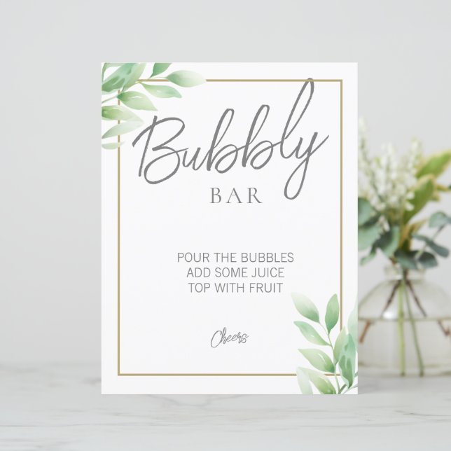 Greenery Rustic Bridal Shower Bubbly Bar Sign (Standing Front)