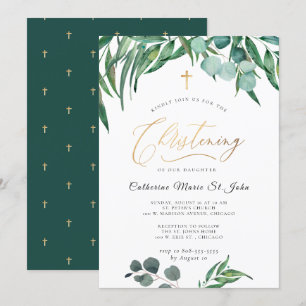 Greenery Rustic Eucalyptus Faux Gold Christening Invitation