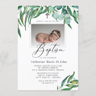 Greenery Rustic Eucalyptus Photo Baptism Invitation