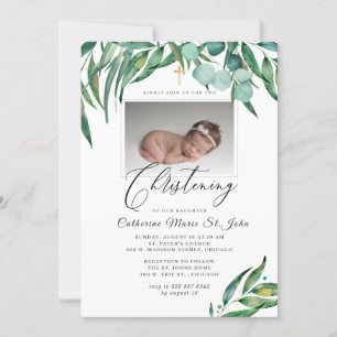 Greenery Rustic Eucalyptus Photo Christening Invitation