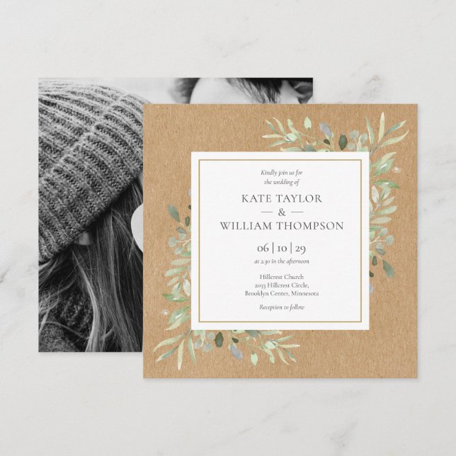 Greenery Rustic Kraft Photo Wedding Invitation (Front/Back)