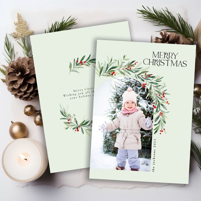 Greenery Rustic Photo Christmas Card Red Berries (Creator Uploaded)