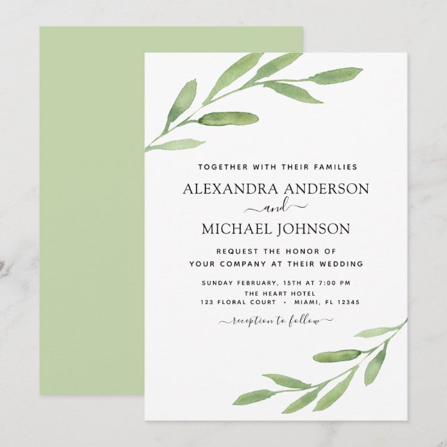 Greenery Rustic Simple Elegant Watercolor Wedding Invitation (Front/Back)