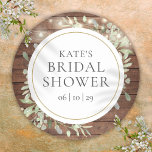 Greenery Rustic String Lights Bridal Shower Classic Round Sticker<br><div class="desc">Featuring pretty string lights and delicate watercolor greenery leaves on a rustic wood background,  this chic botanical bridal shower sticker can be personalised with your special bridal shower information. Designed by Thisisnotme©</div>