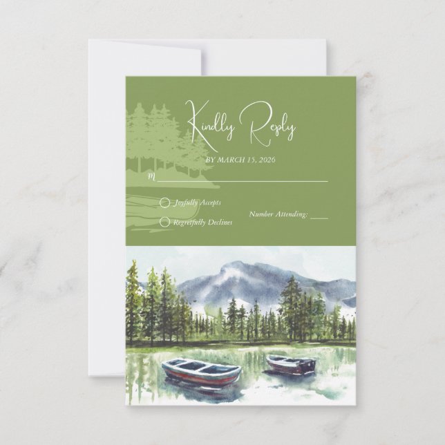 Greenery Rustic Watercolor Mountain Lake Wedding RSVP Card (Front)