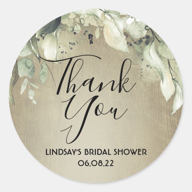 Greenery Rustic Wood Bridal Shower Thank You Classic Round Sticker (Front)