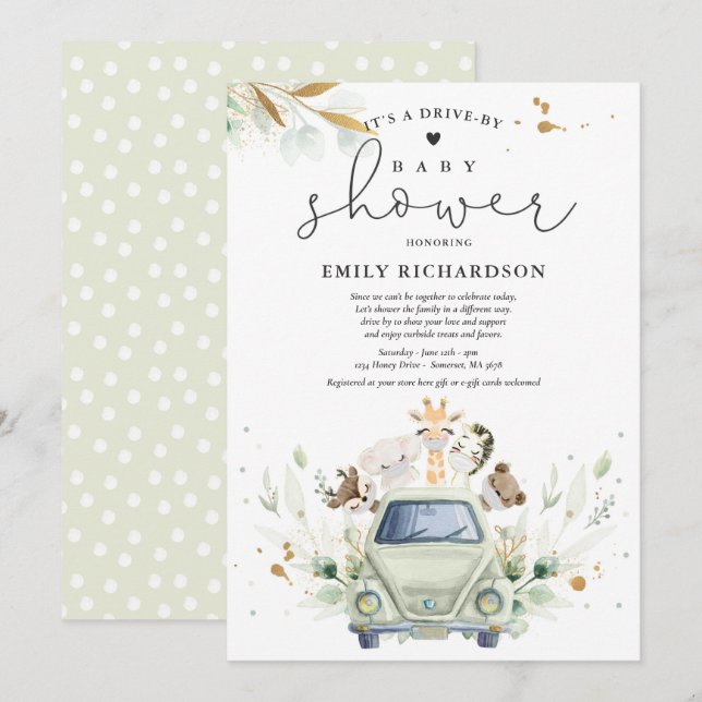 Greenery Safari Animals Drive By Baby Shower Invitation (Front/Back)