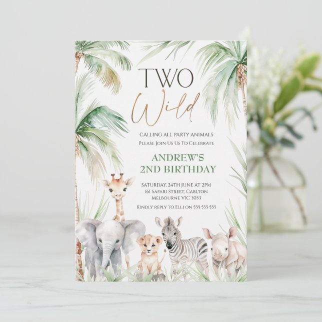 Greenery Safari Animals Two Wild 2nd Birthday Invitation (Standing Front)