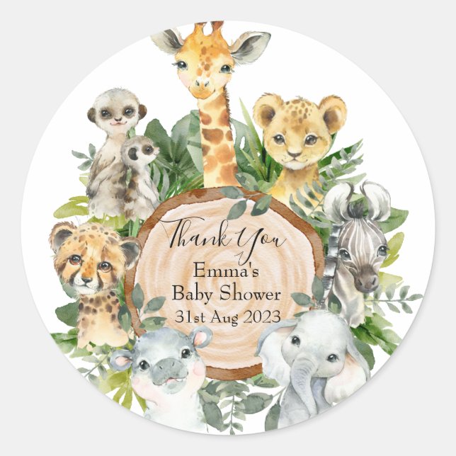Greenery Safari Jungle Wild Animals Baby Shower Classic Round Sticker (Front)