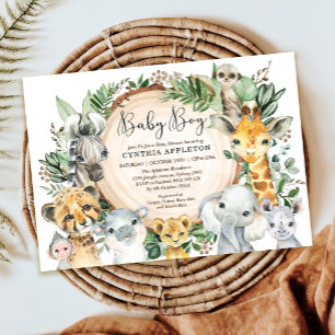 Greenery Safari Wild Animals Baby Boy Shower Invitation