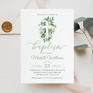 Greenery Sage Colour Calligraphy Baptism Invitation