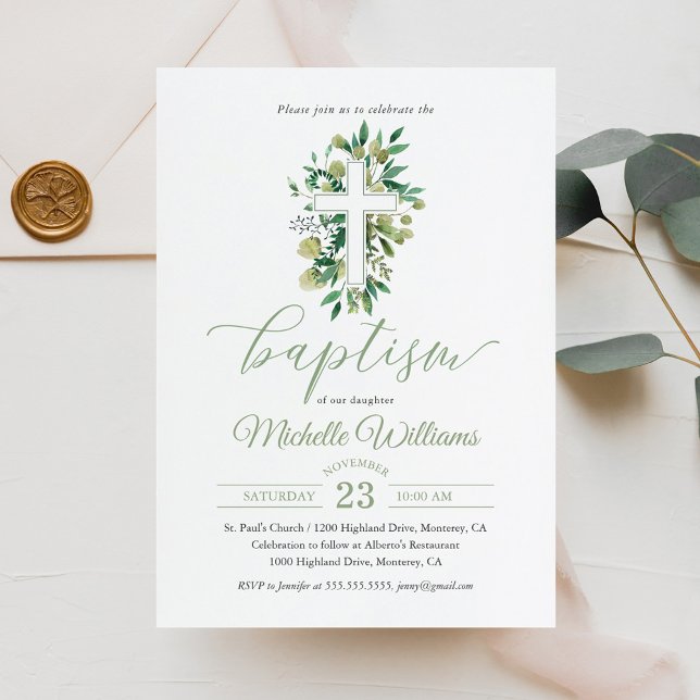 Greenery Sage Colour Calligraphy Baptism Invitation (Creator Uploaded)