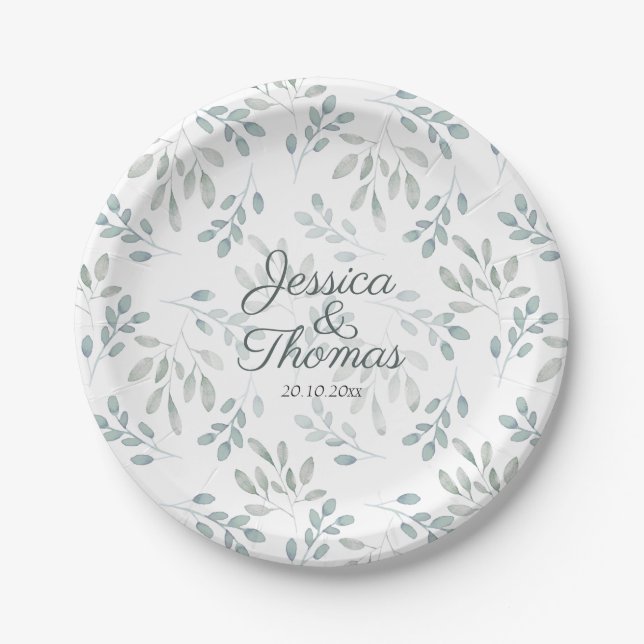 Greenery Sage Green Watercolor Pattern Wedding   Paper Plate (Front)