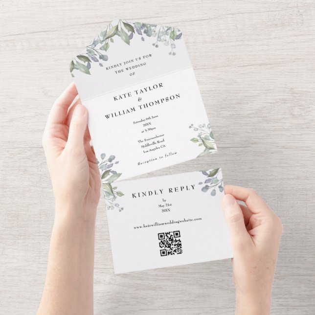 Greenery Sage Lilac Floral QR Code Wedding All In One Invitation (Tearaway)