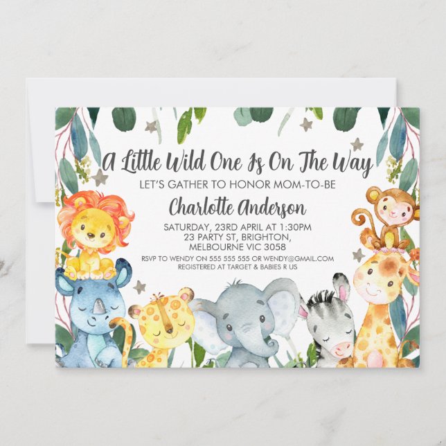 Greenery Sarafi Animals Wild One Baby Shower  Invitation (Front)