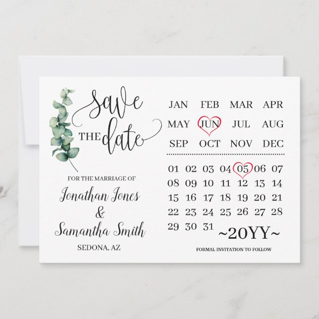 Greenery save the date calendar minimalist wedding invitation (Front)