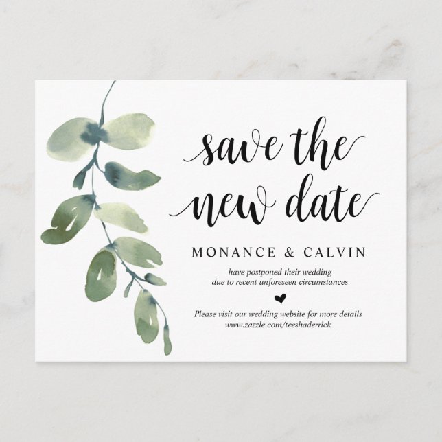 Greenery, Save the New Date, Wedding Postponed Postcard (Front)