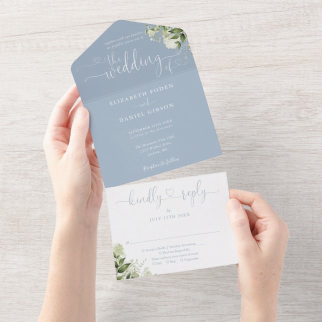 Greenery Script Hearts Dusty Blue Wedding All In One Invitation (Tearaway)