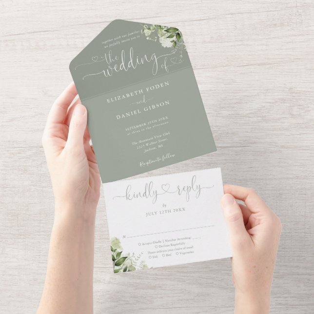 Greenery Script Hearts Sage Green Wedding All In One Invitation (Tearaway)