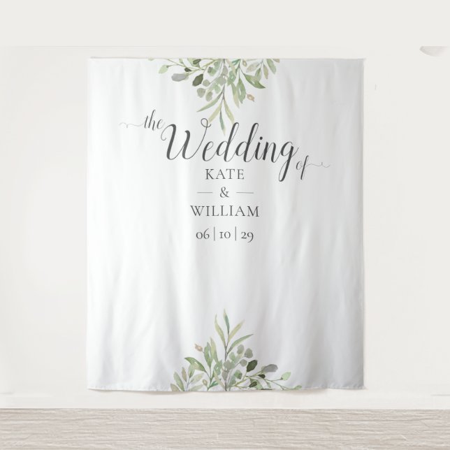 Greenery Script Wedding Photo Booth Backdrop Tapestry (Front)