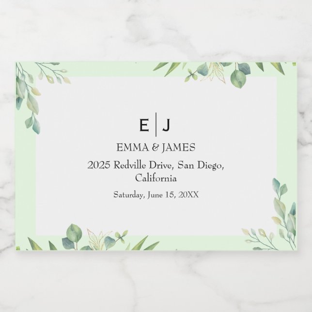 Greenery Script Wedding Photo Wine Label (Single Label)