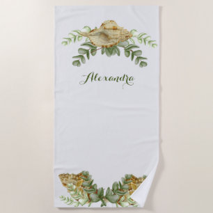 Greenery Seashell Nautical Cream Shells Coastal Beach Towel