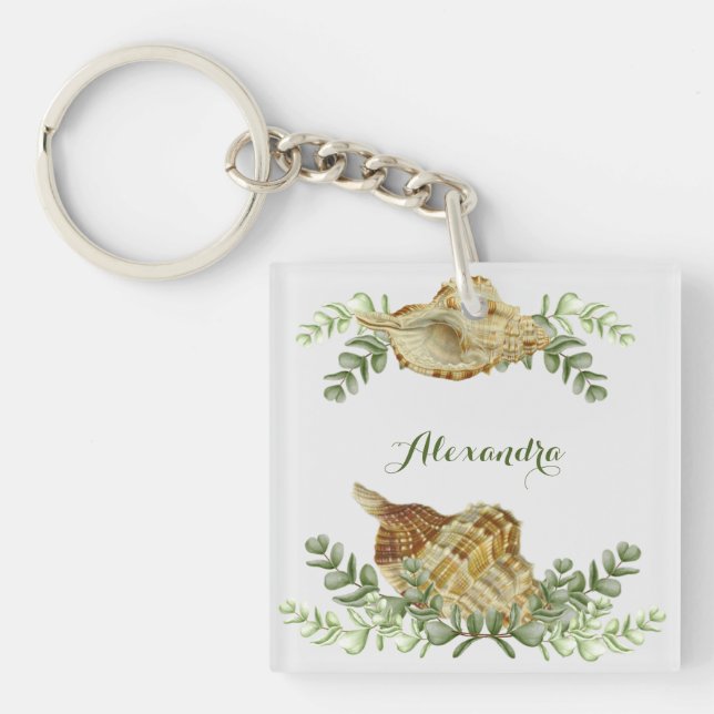 Greenery Seashell Nautical Cream Shells Coastal Key Ring (Front)