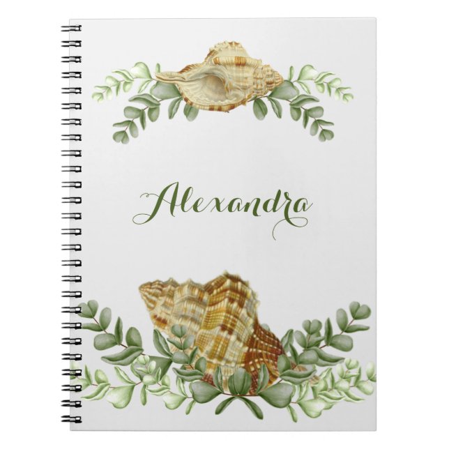 Greenery Seashell Nautical Cream Shells Coastal Notebook (Front)