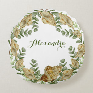 Greenery Seashell Nautical Cream Shells Coastal Ro Round Cushion