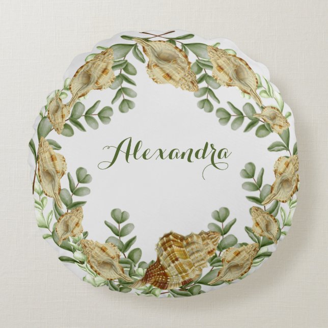 Greenery Seashell Nautical Cream Shells Coastal Round Cushion (Front)