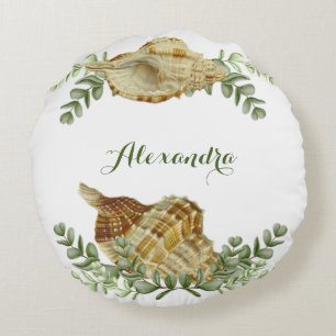Greenery Seashell Nautical Cream Shells Coastal Round Cushion