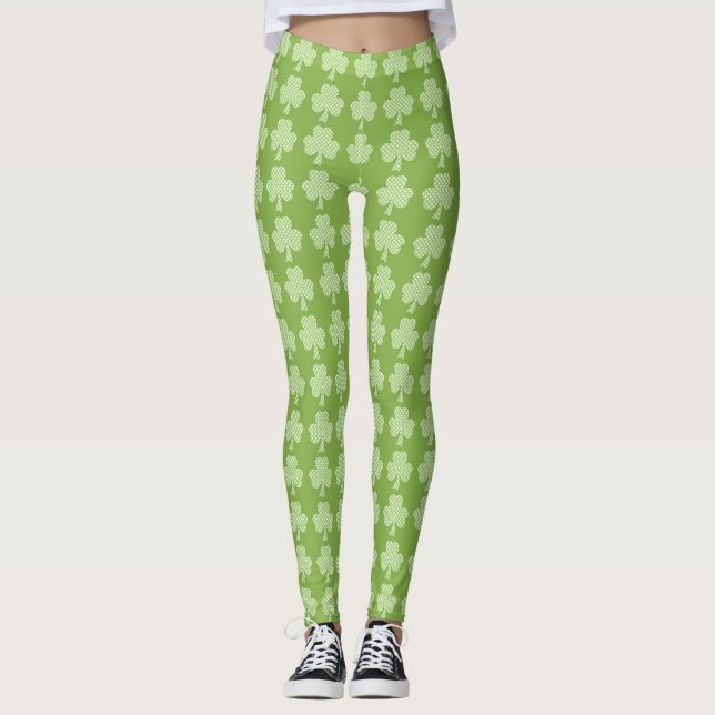 Greenery Shamrock Clover Polka dots Patrick's Day Leggings (Front)