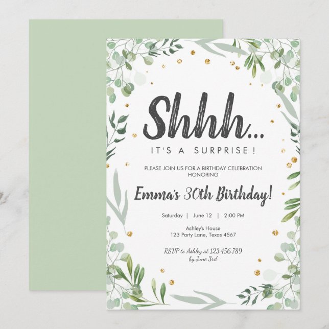 Greenery Shhh It's A Surrpise Birthday Adult Woman Invitation (Front/Back)
