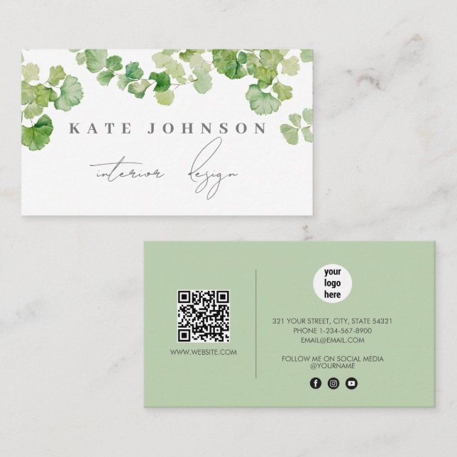 Greenery Signature Script QR Code Social Media  Business Card (Front/Back)