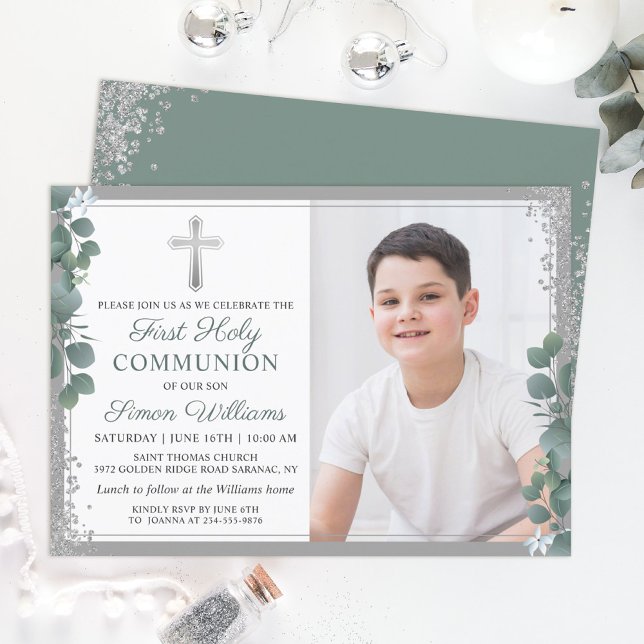 Greenery Silver Glitter First Holy Communion Photo Invitation (Creator Uploaded)