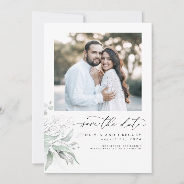 Greenery Silver Leaves Boho Save The Date Photo (Front)