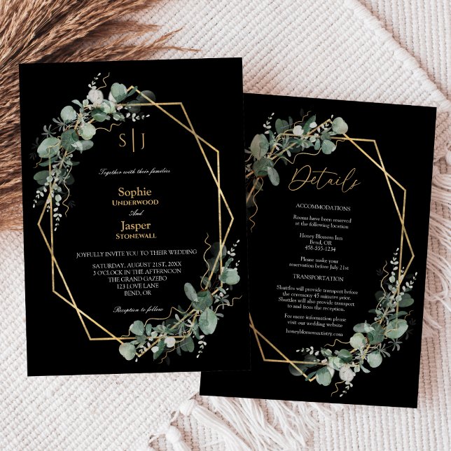 Greenery Simple Black Monogram All In One Wedding Invitation (Creator Uploaded)
