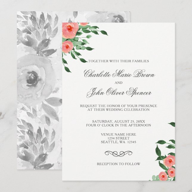 Greenery Simple Peach Flowers Wedding invitations (Front/Back)