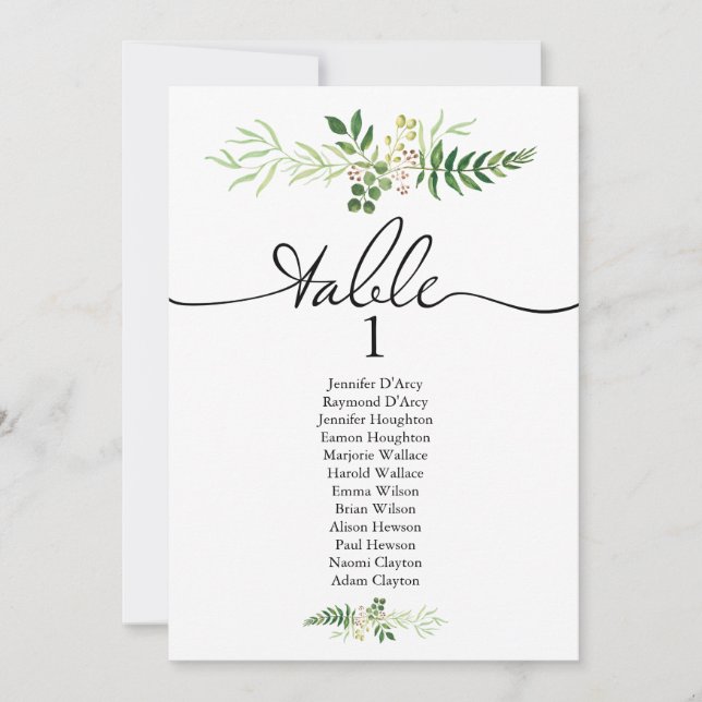 Greenery single wedding seating chart, modern font invitation (Front)